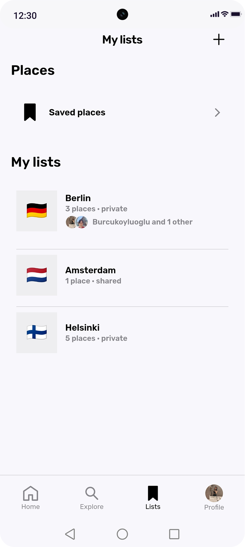 Artchaser My lists screen showing saved places and lists for Berlin, Amsterdam and Helsinki